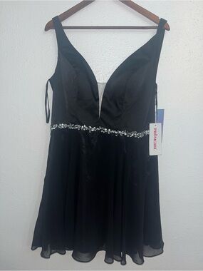 PromGirl Black Plunging V-Neck A-Line Dress with Rhinestone Waist